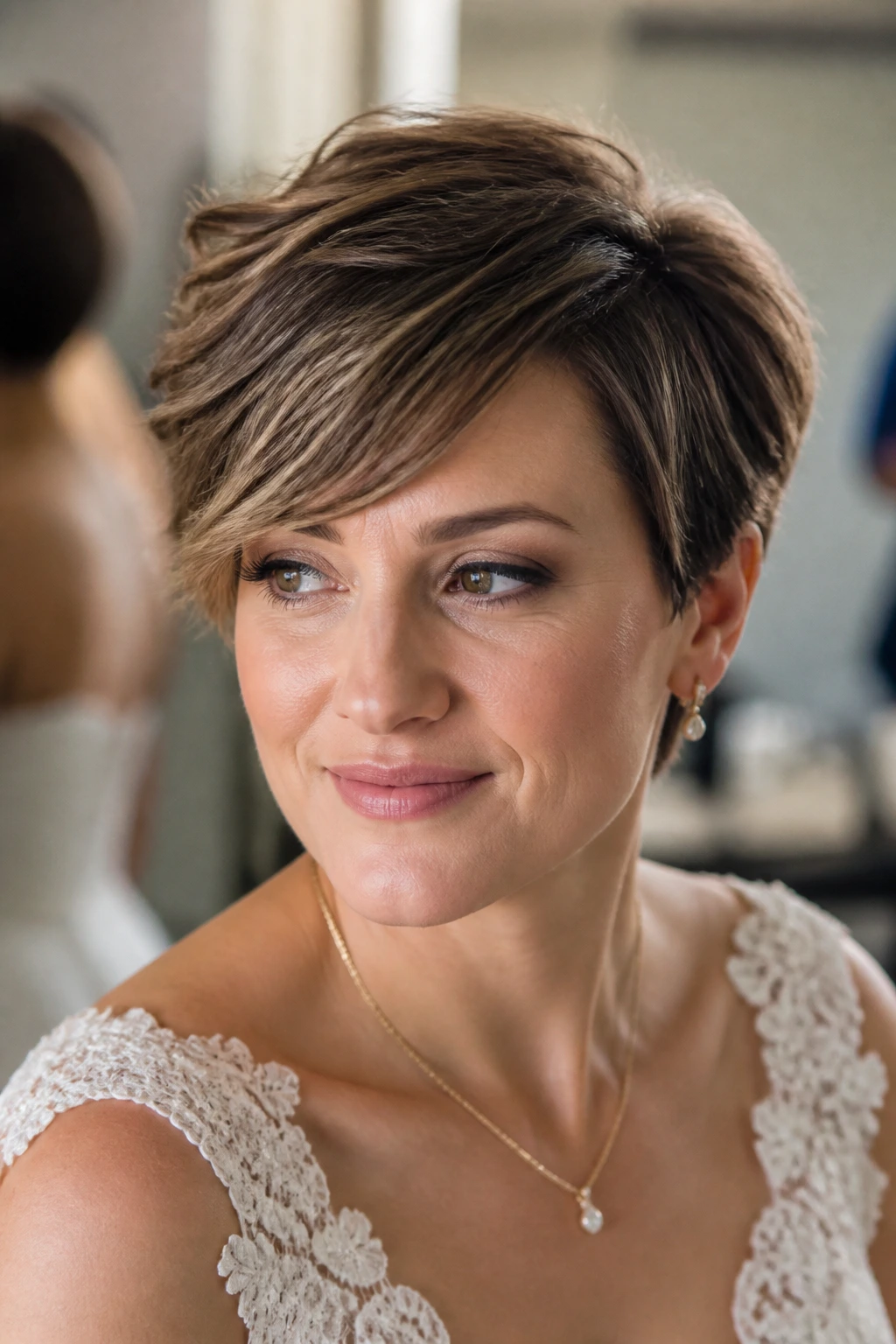 Bride with grown-out pixie and side fringe.