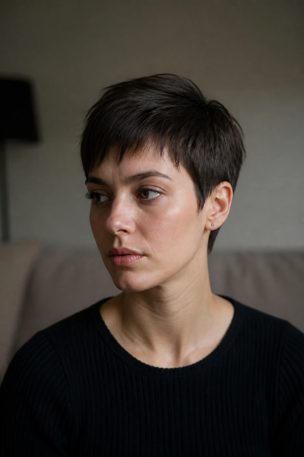 Portrait of flat-texture choppy pixie in moody indoor light