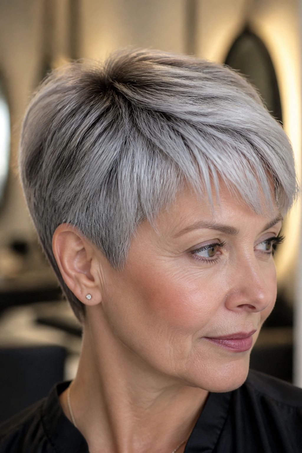 Close-up of pixie haircut with soft silver melt and root shadow on a real person