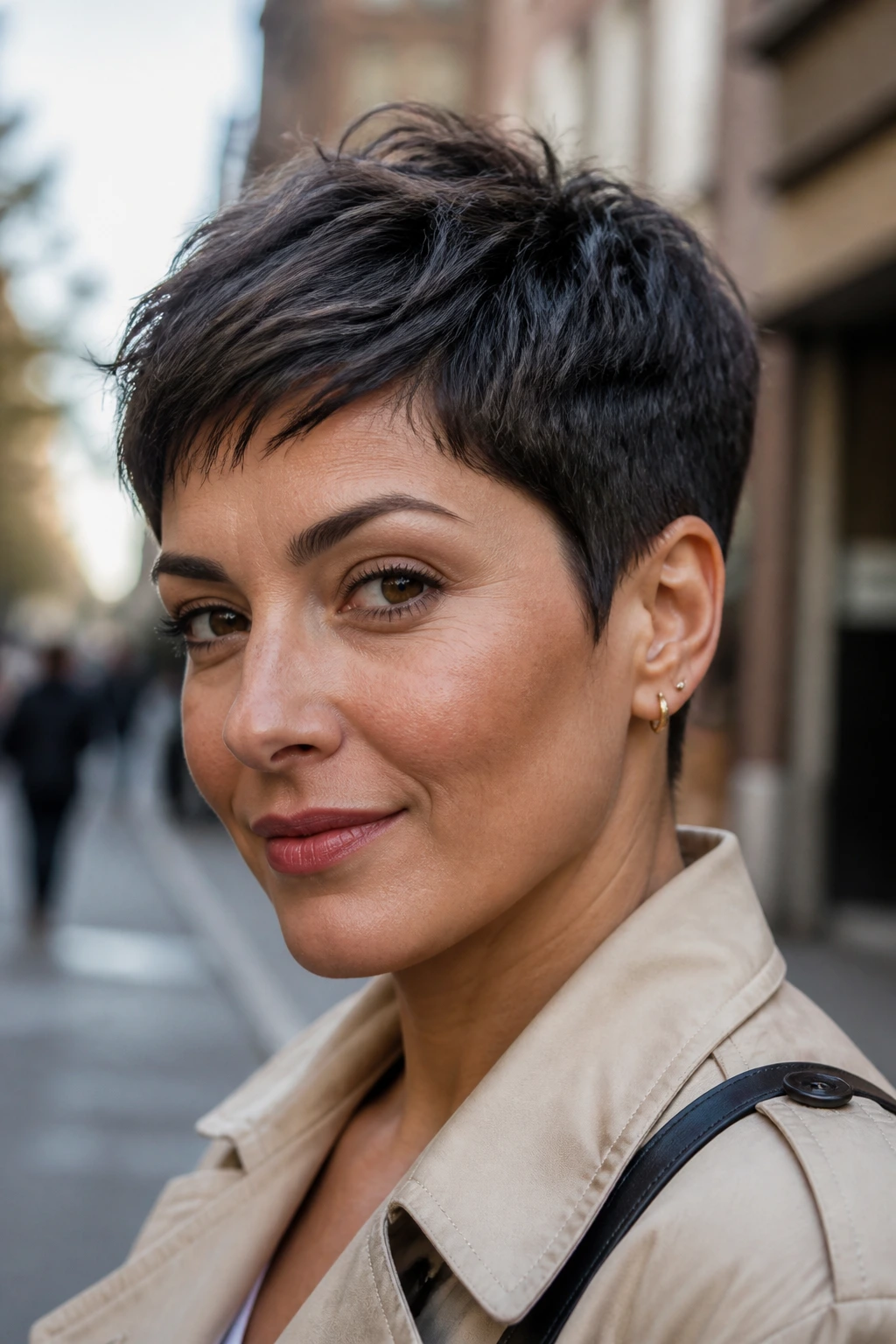 Close-up portrait of a real person with a neat pixie that stays put outdoors