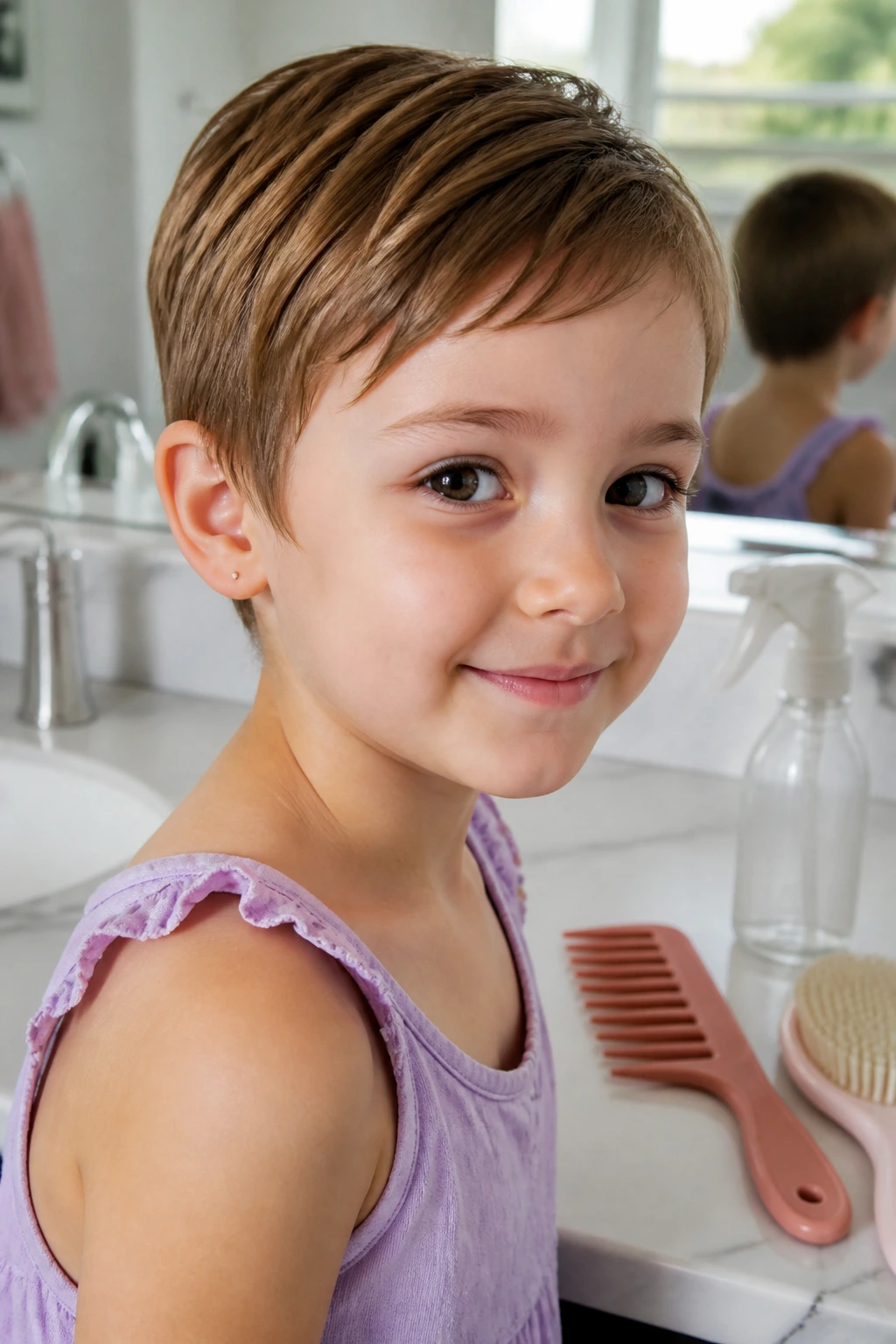 Child with pixie haircut in a home setting with hair tools nearby