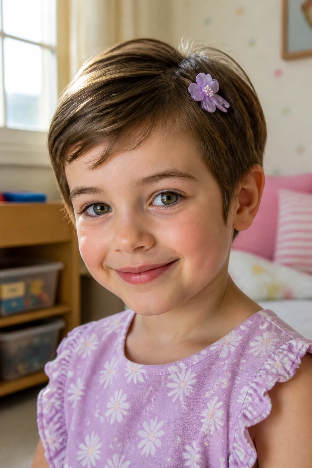 Close-up of a real child with an accessory-ready pixie wearing a clip