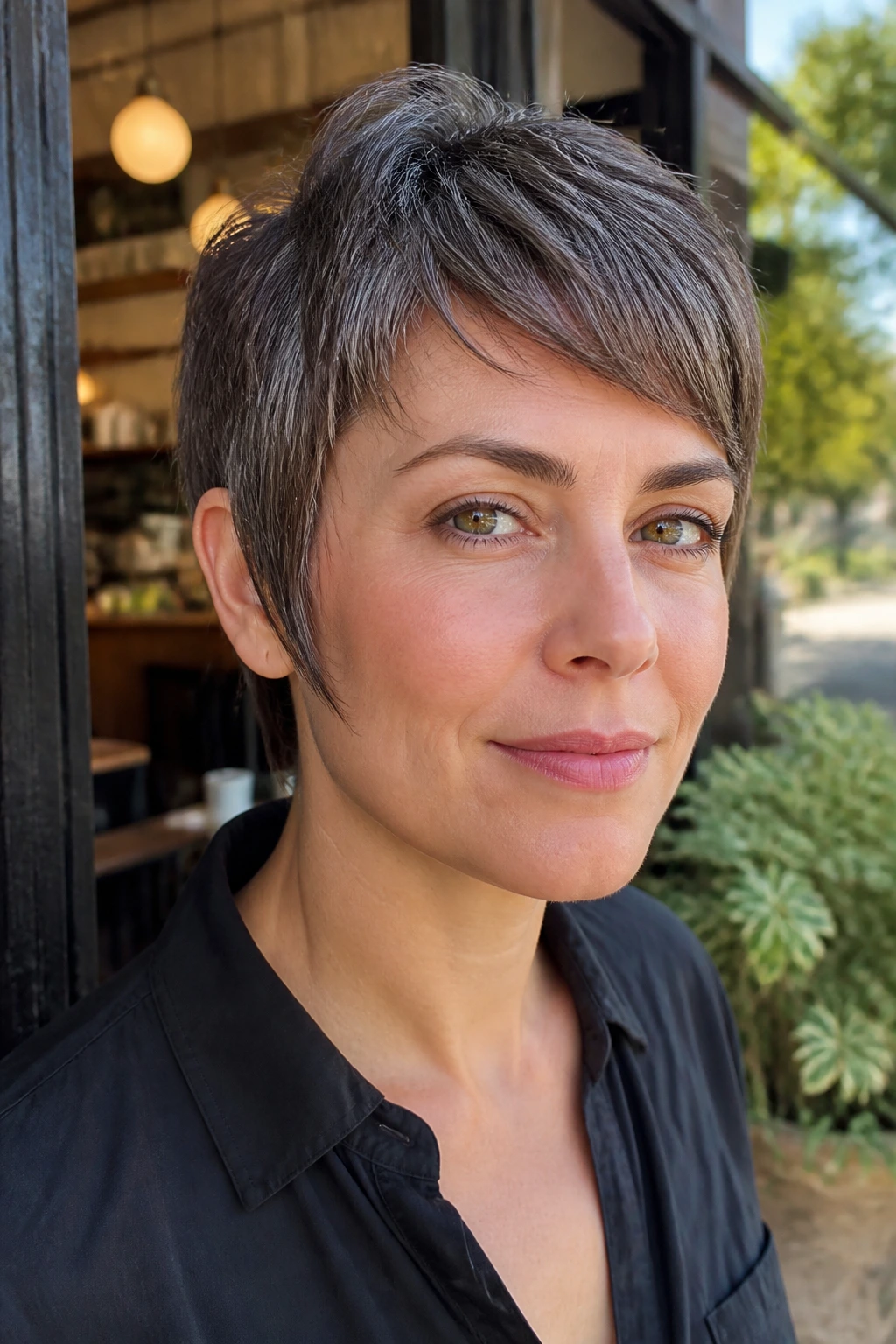 Close-up portrait of a real woman with Airy Crop With Sideburn Length showing longer sideburns framing the cheeks in natural light.