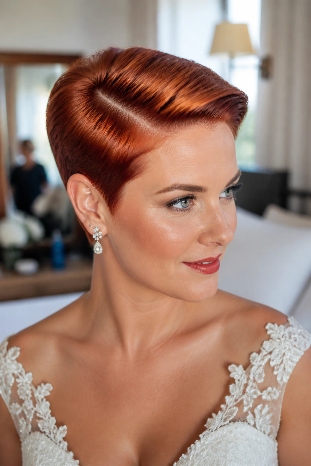 Close-up of a real bride with a mirror-shine side-part pixie