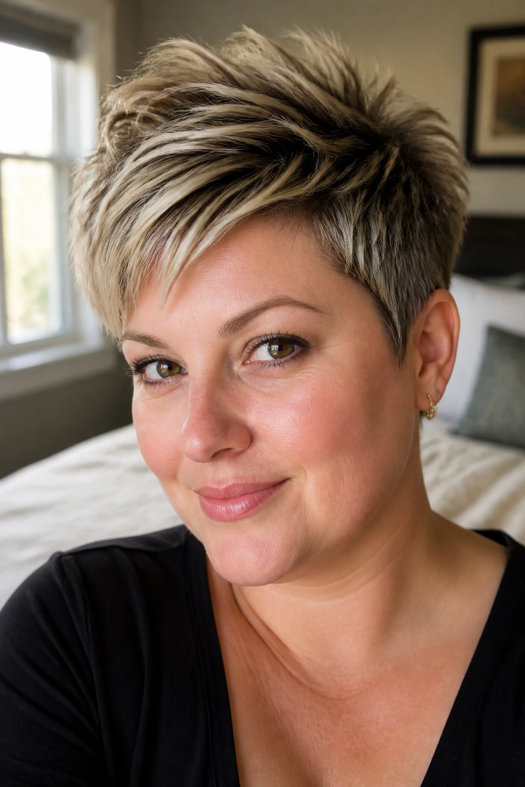 Close-up portrait of a woman with a textured pixie and crown lift.