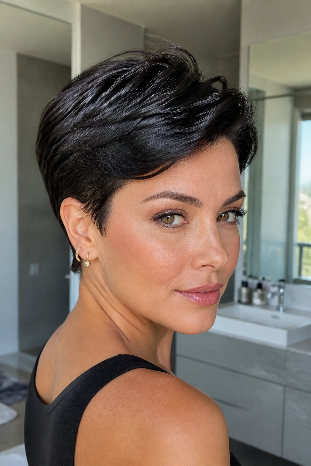 Portrait of a woman with glossy cuffed-back pixie hairstyle
