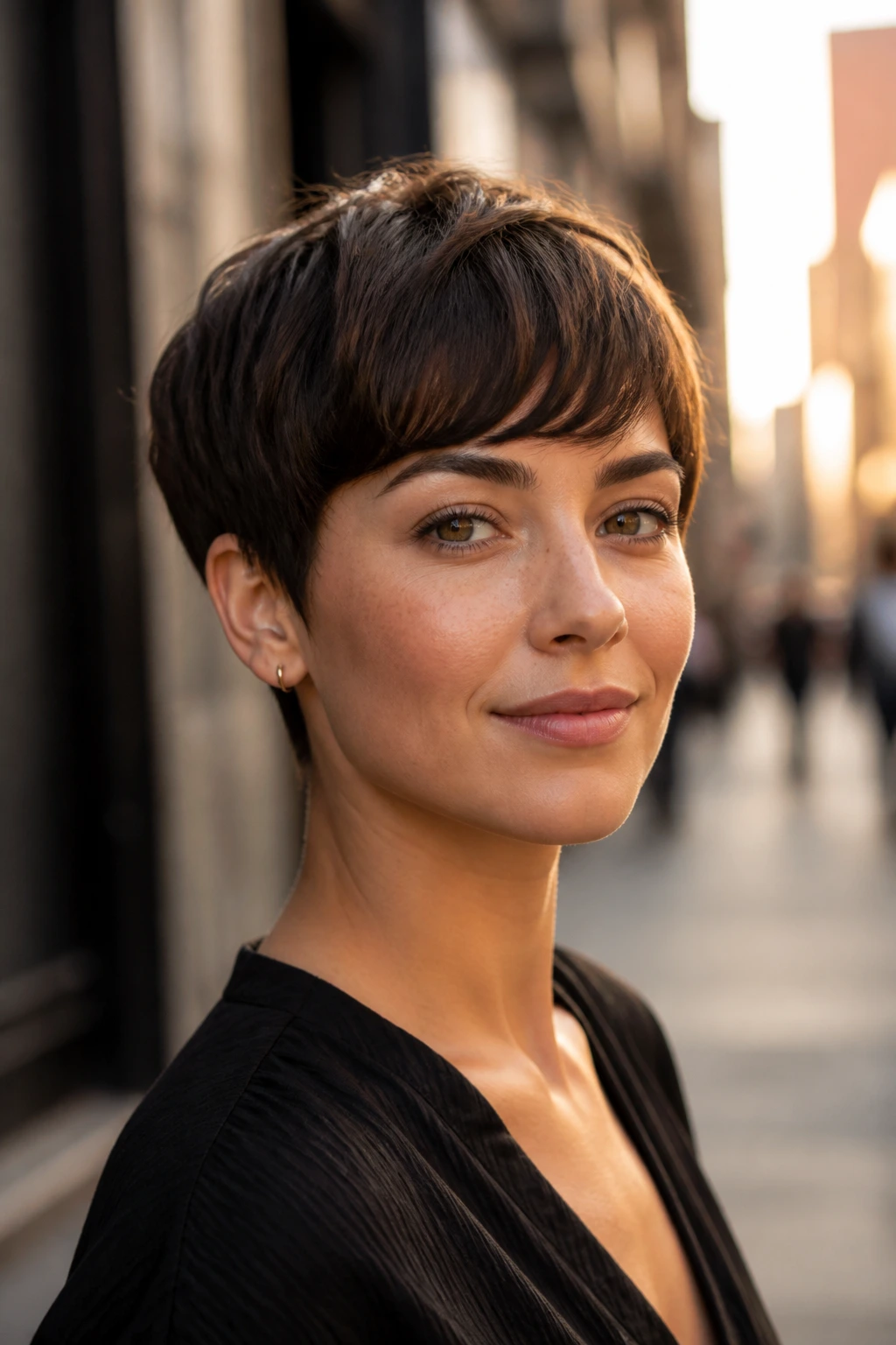 Portrait of a real woman with Razor-Cut Pixie With a Curved Fringe showing curved forehead fringe.