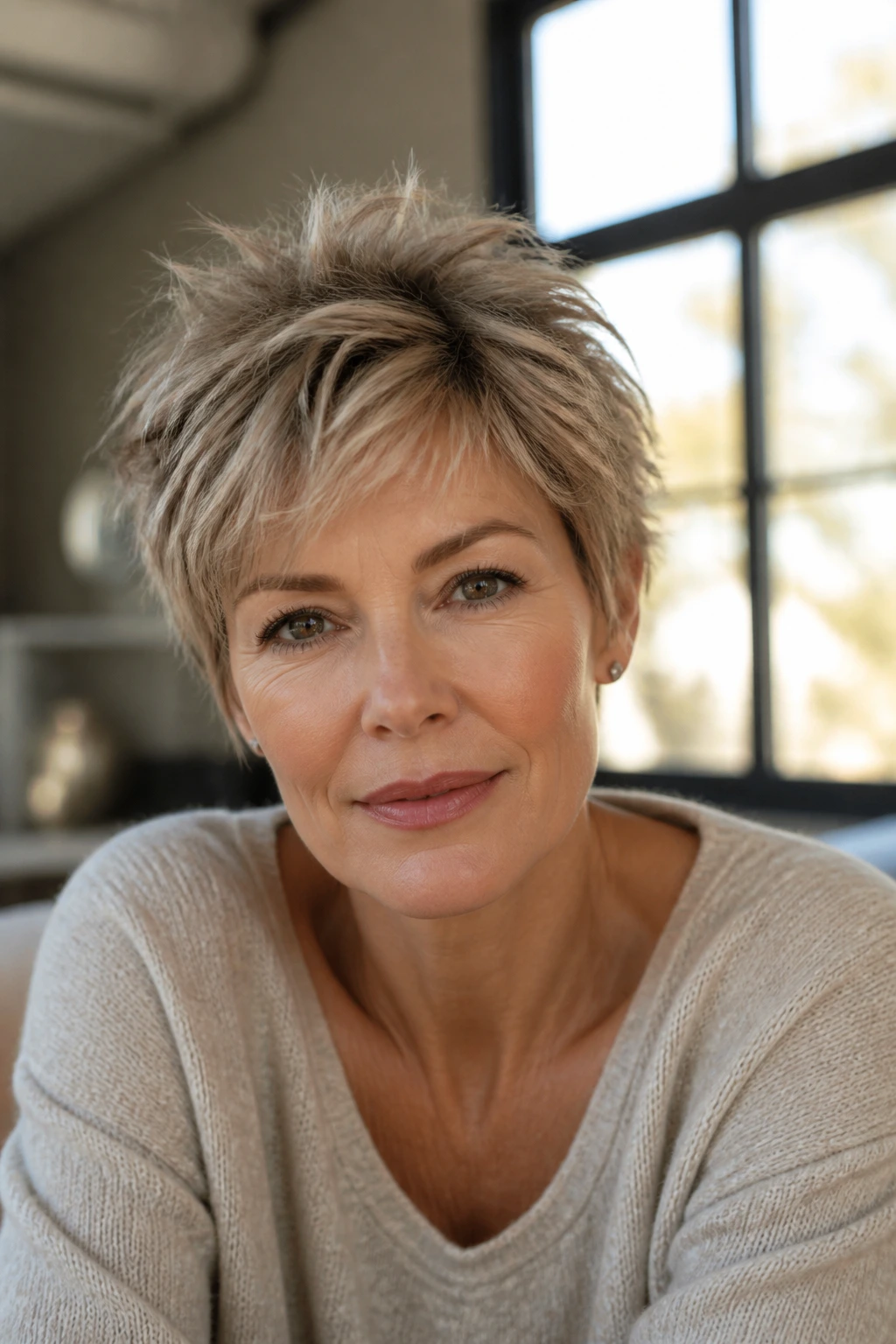 Portrait of a woman with a short shaggy pixie showing fringe and crown lift.