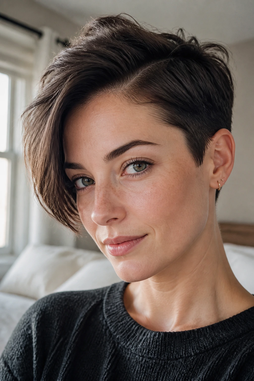 Close-up portrait of a real woman with a deep side-part pixie under warm window light