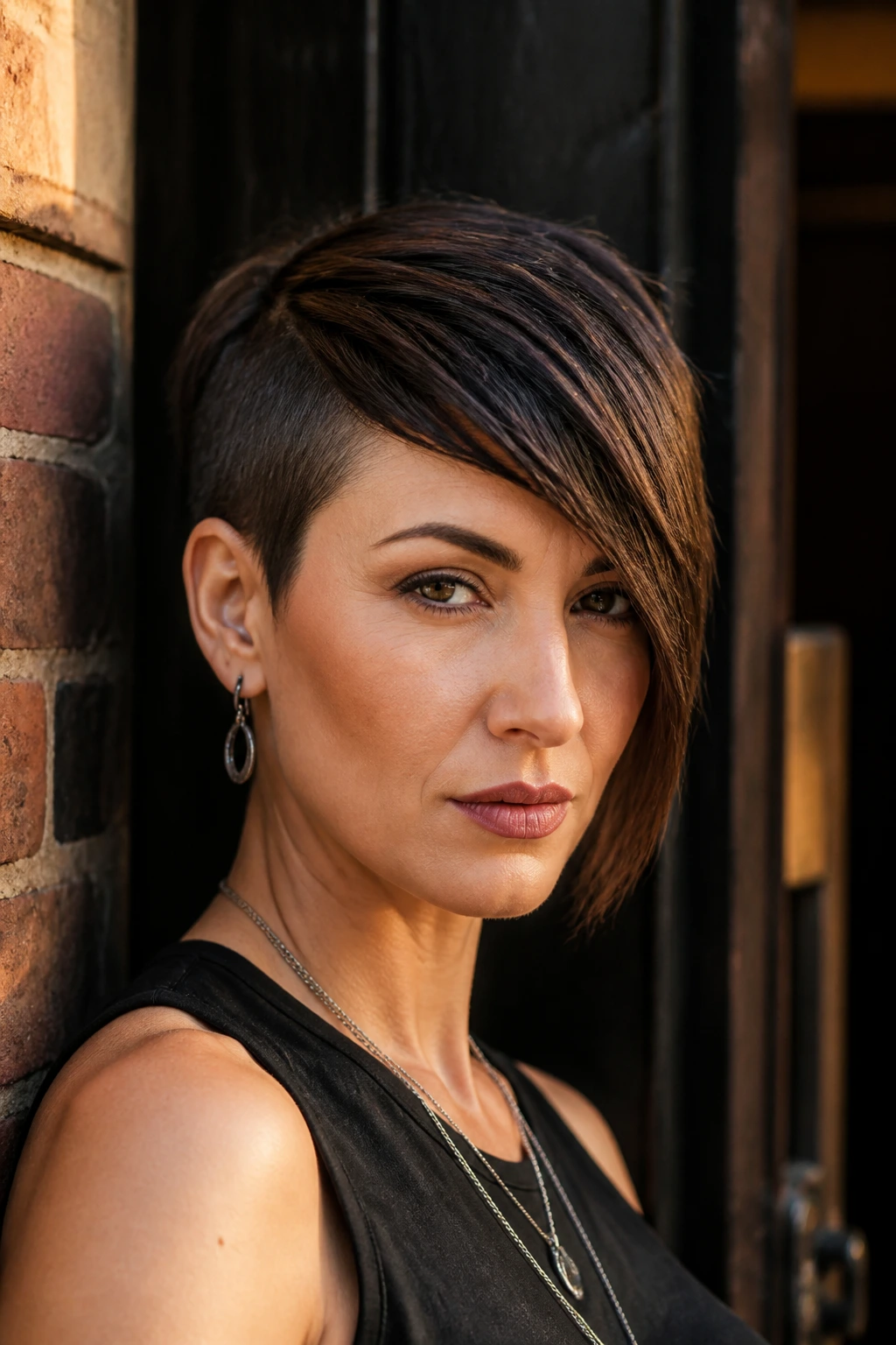 Close-up portrait of woman with dramatic side-length pixie hairstyle