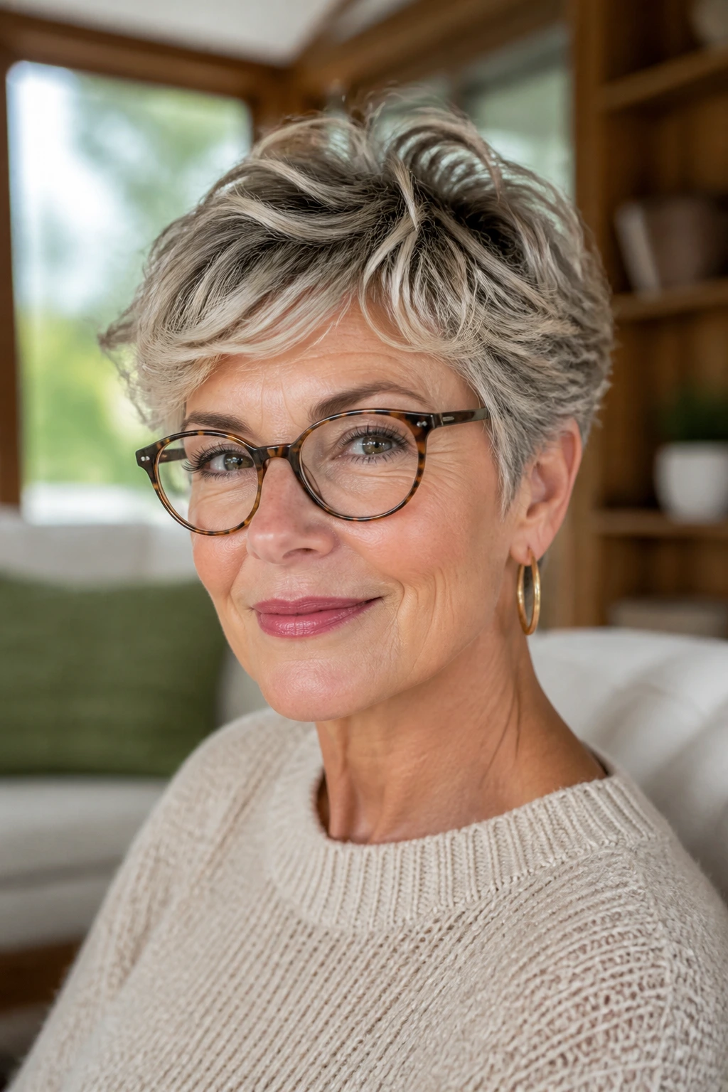 Portrait of a woman with a glasses-friendly wavy pixie hairstyle and glasses in window-lit living room