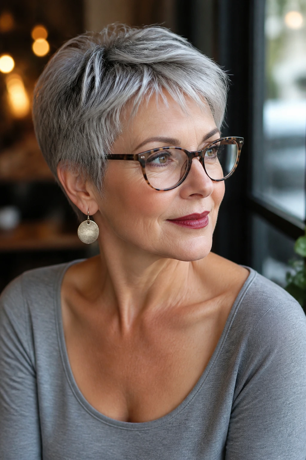 Woman with pixie haircut, glasses, and earrings