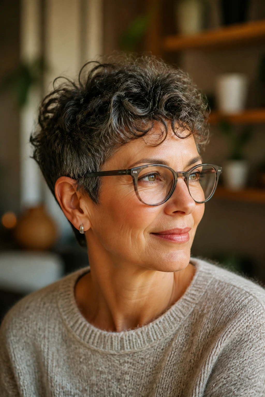 Close-up portrait of a woman with a glasses-friendly pixie haircut, glasses resting neatly on the frame