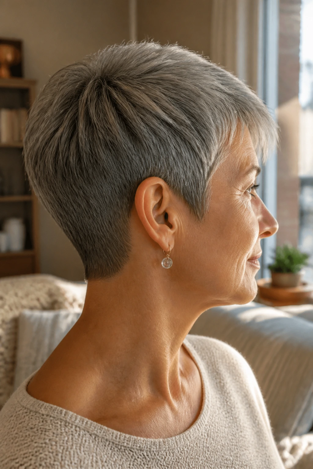 Close-up portrait of a woman with an ear-hugging pixie and crisp nape in natural window light