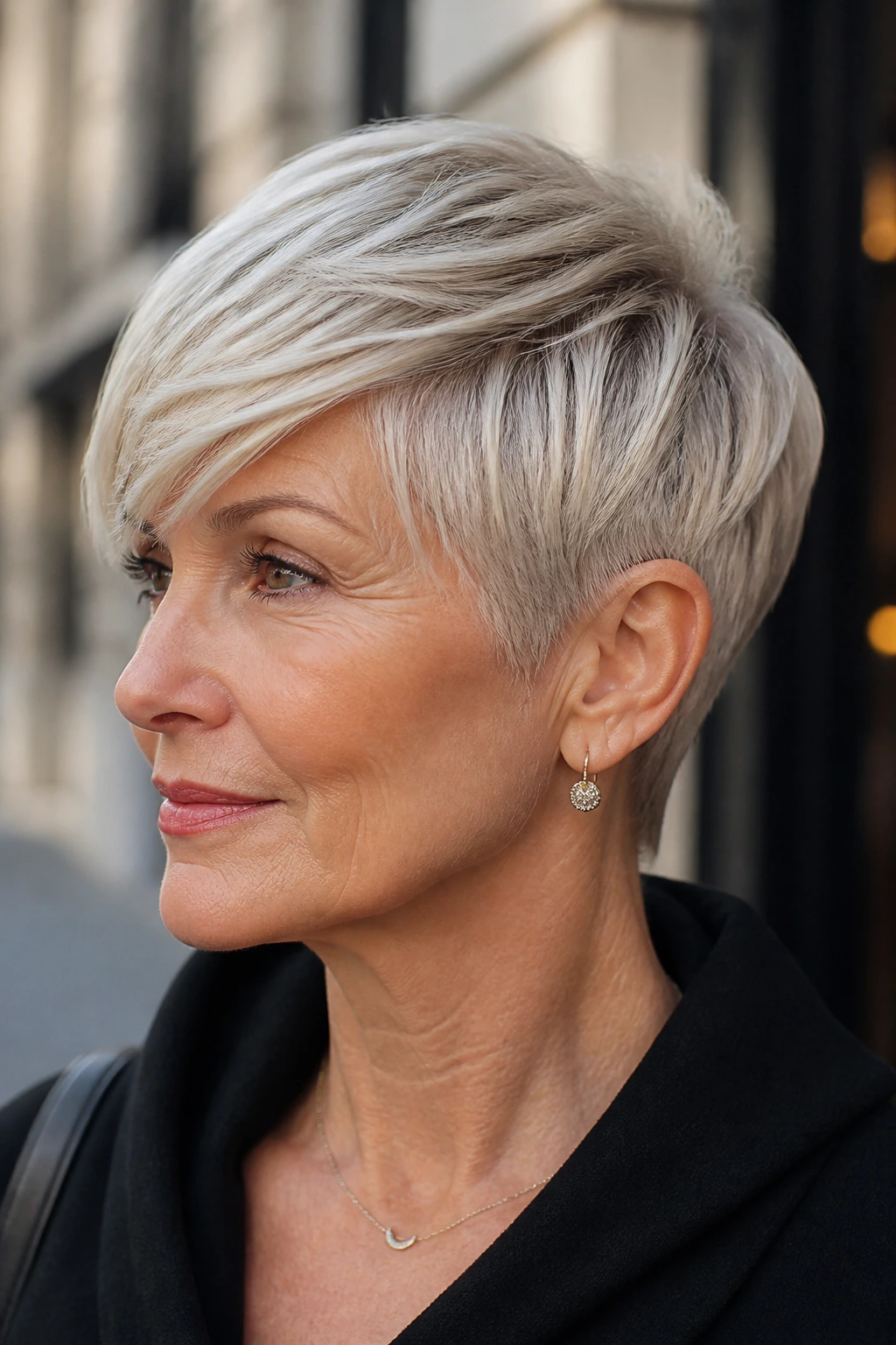 Portrait of a woman with long fringe pixie and tapered nape