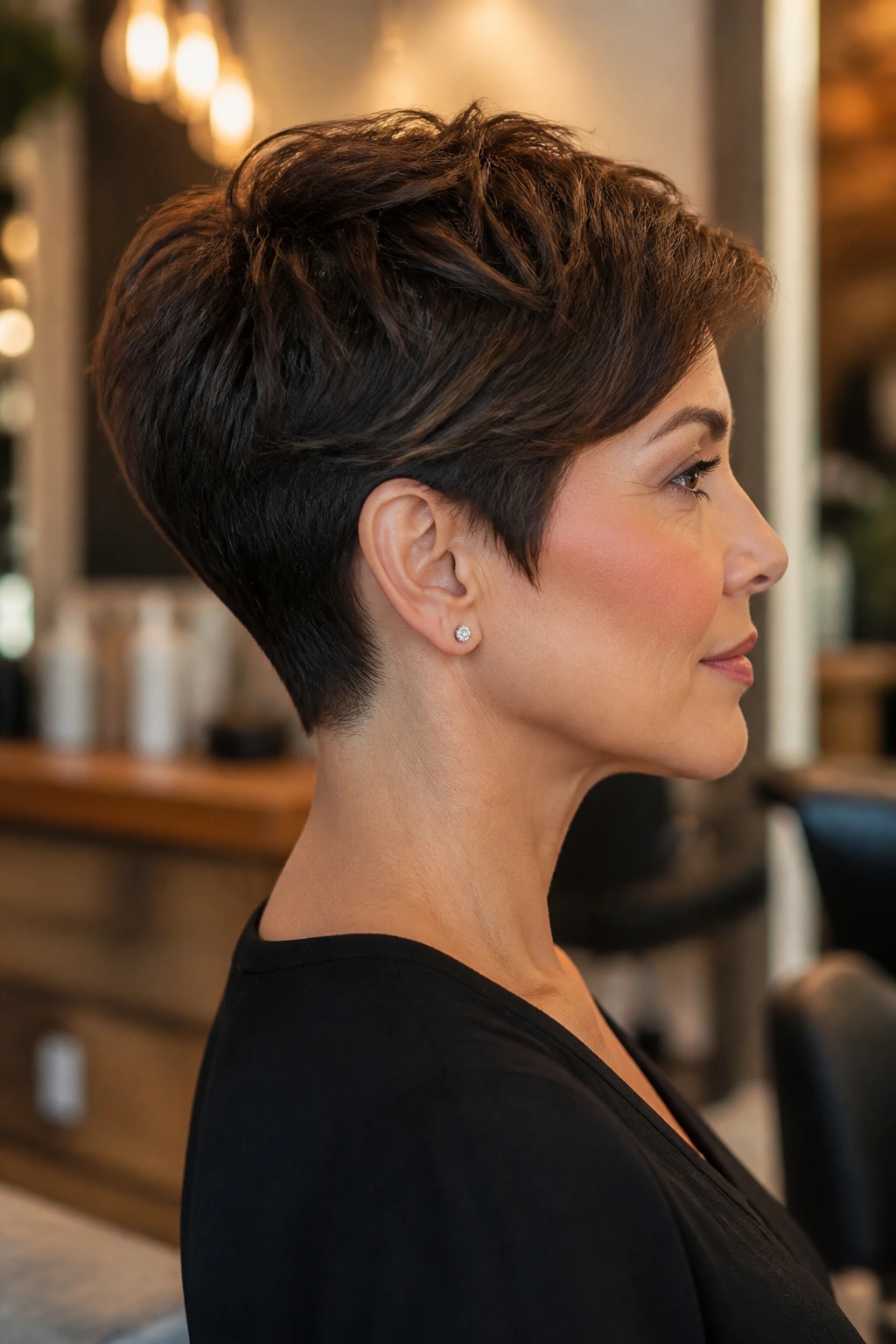 Side-profile portrait of a real woman with Sculpted Pixie With a Longer Nape showing a slender neck line.