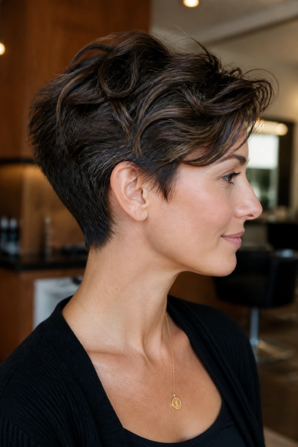 Close-up portrait of a real woman with a wavy pixie showing a fresh trim in a salon