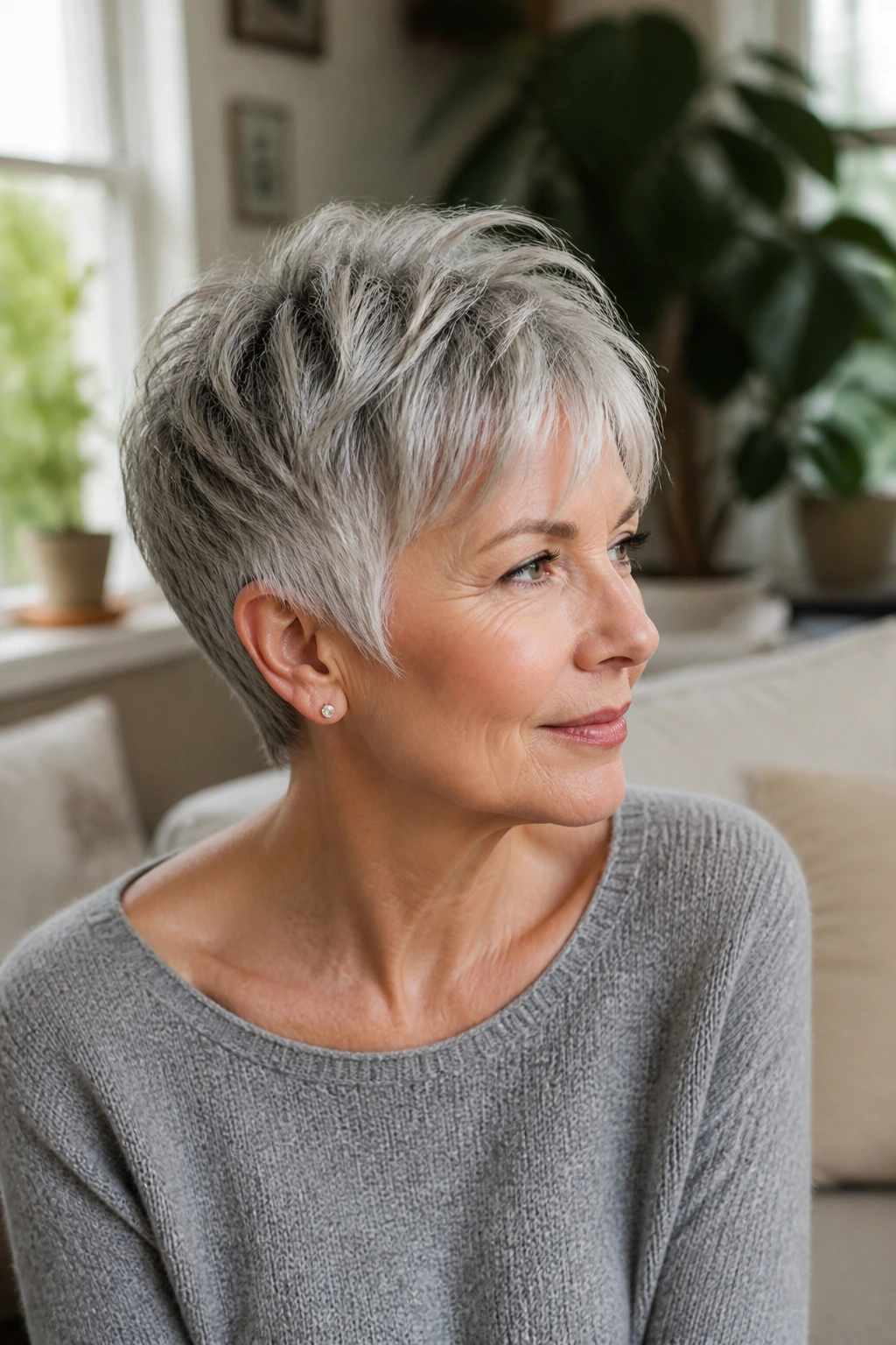 Close-up of an older woman with a pixie haircut in a cozy living room.