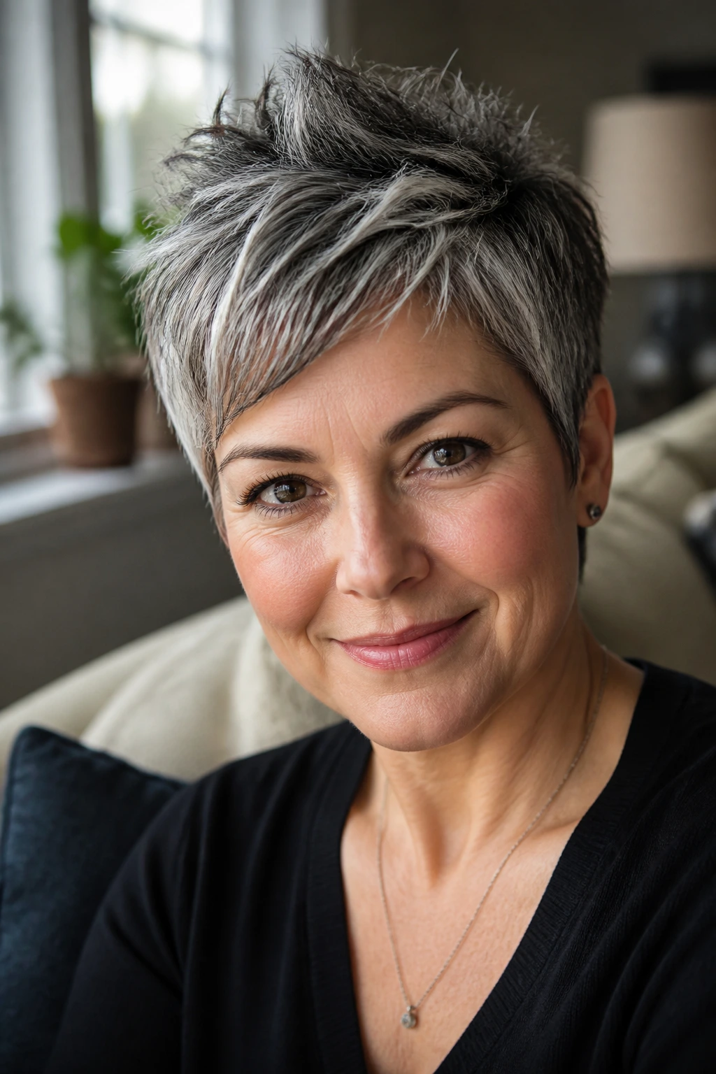 Close-up portrait of a real woman with Tousled Salt-and-Pepper Pixie showing textured crown.
