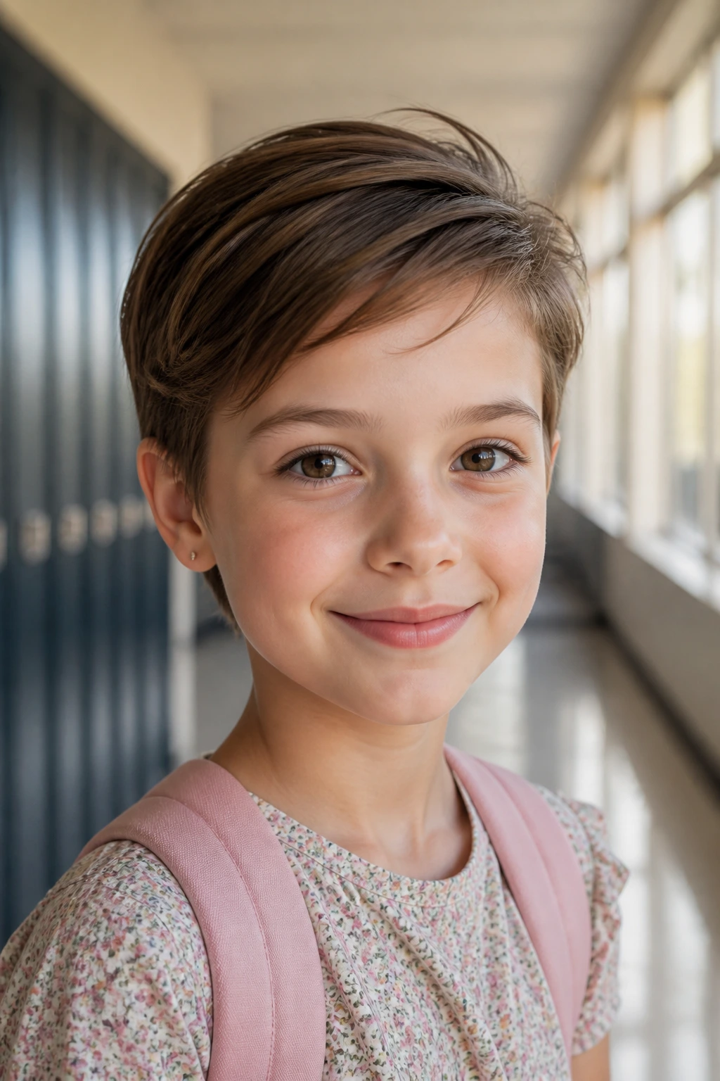 Close-up of a real girl with a school-day pixie haircut in a sunlit school hallway