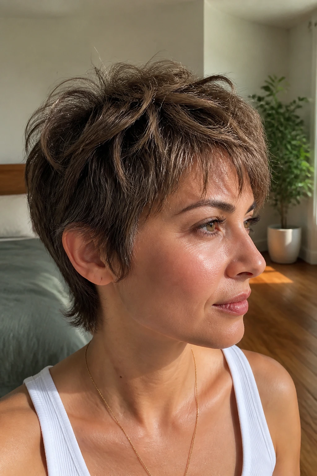 Close-up portrait of a real woman with a grown-out pixie shag showing longer crown pieces in natural light