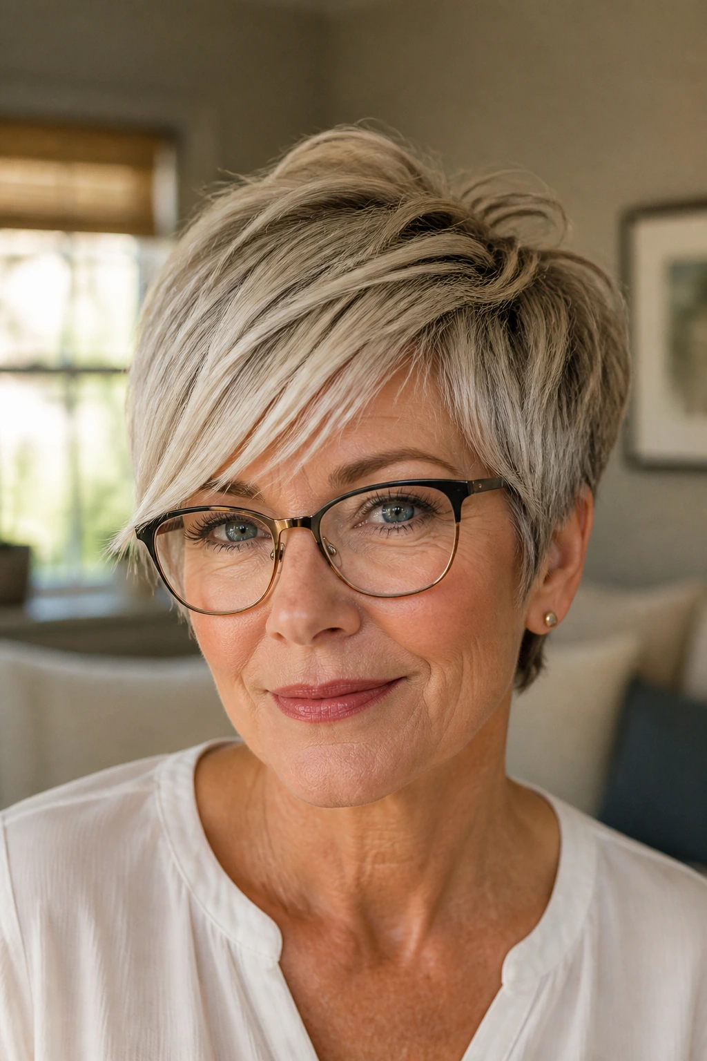 Real woman with choppy pixie and side-swept fringe portrait