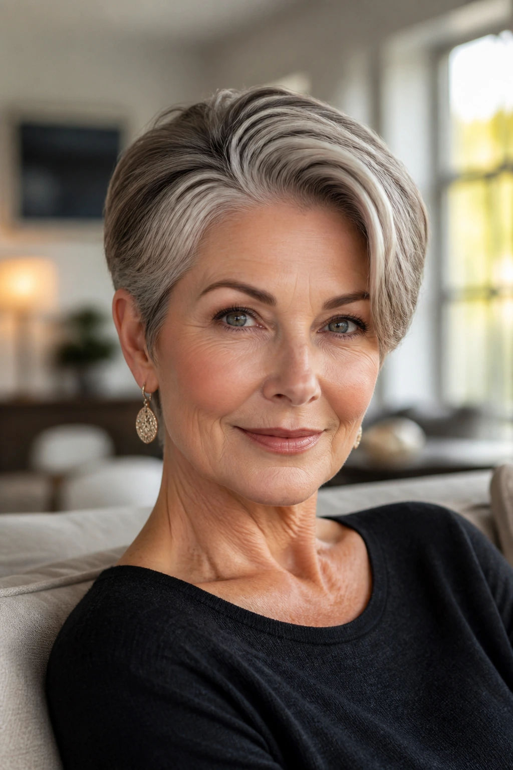 Close-up portrait of a real woman with a side-part pixie hairstyle in warm living room light