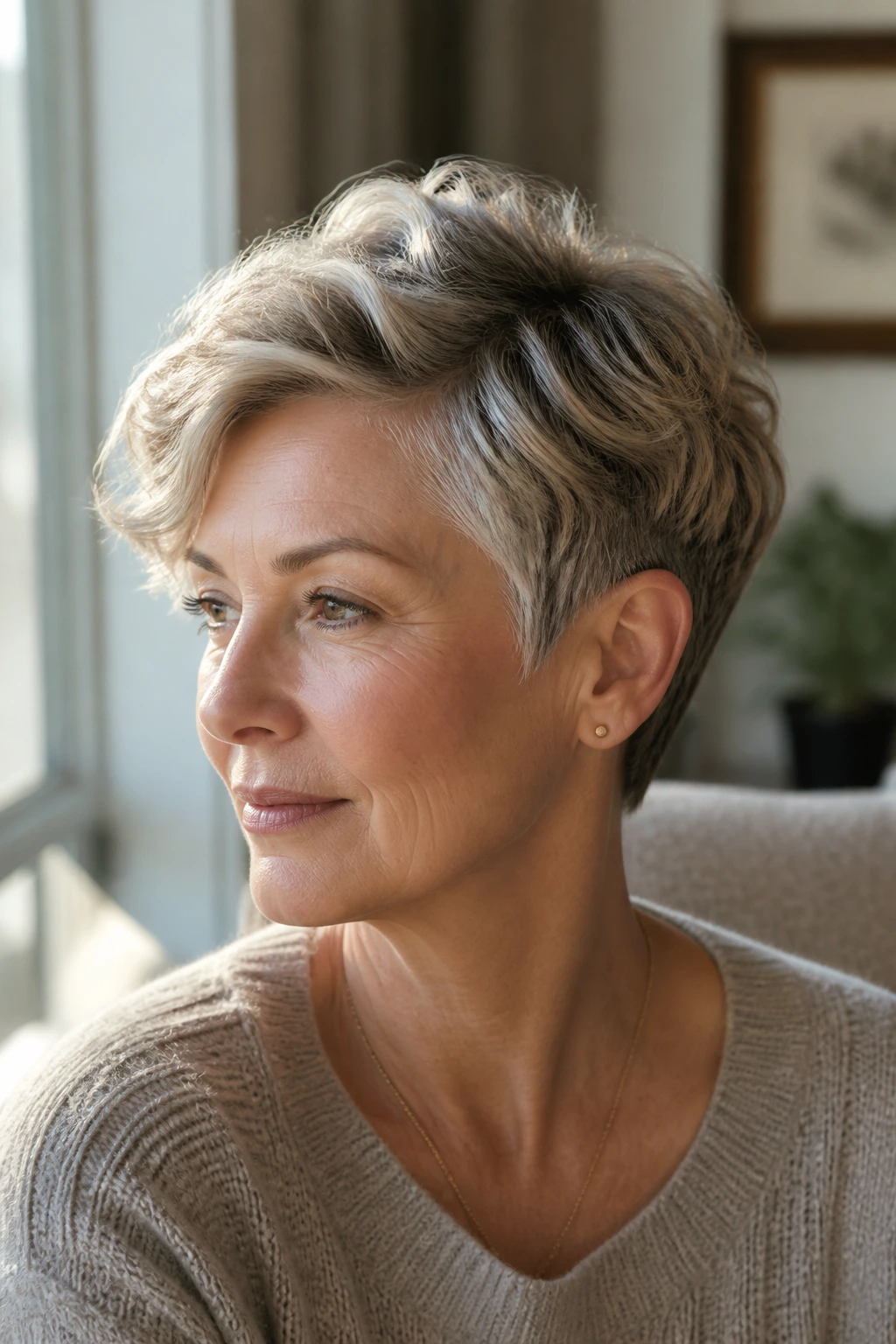 Close-up portrait of a real woman with a side-parted pixie and longer top showing waves