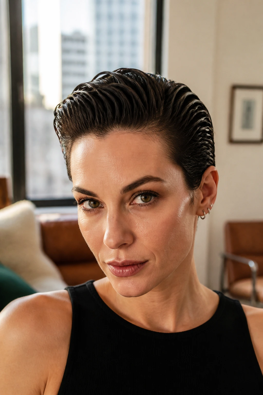 Close-up of a real woman with a slicked-back pixie hairstyle