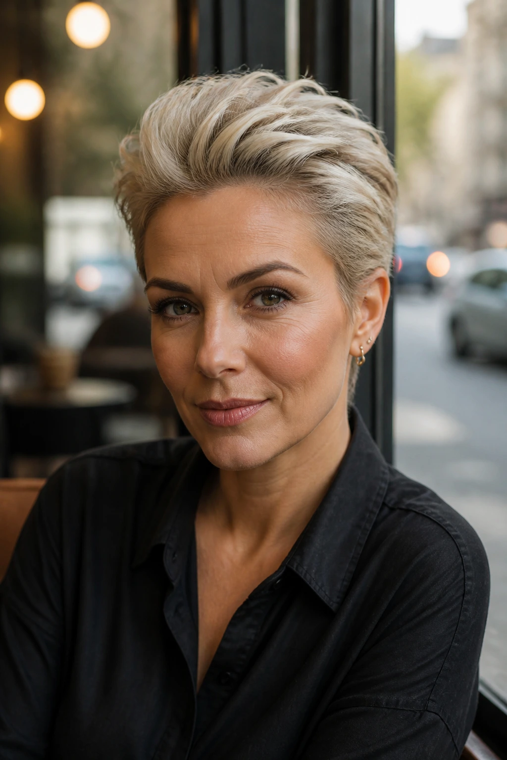 Close-up portrait of a woman with slicked-back texture pixie showing airy crown and sharp bone structure