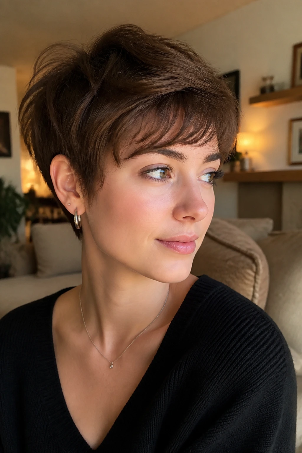 Portrait of a real woman wearing a soft boyish pixie with rounded edges and tucked temple hair