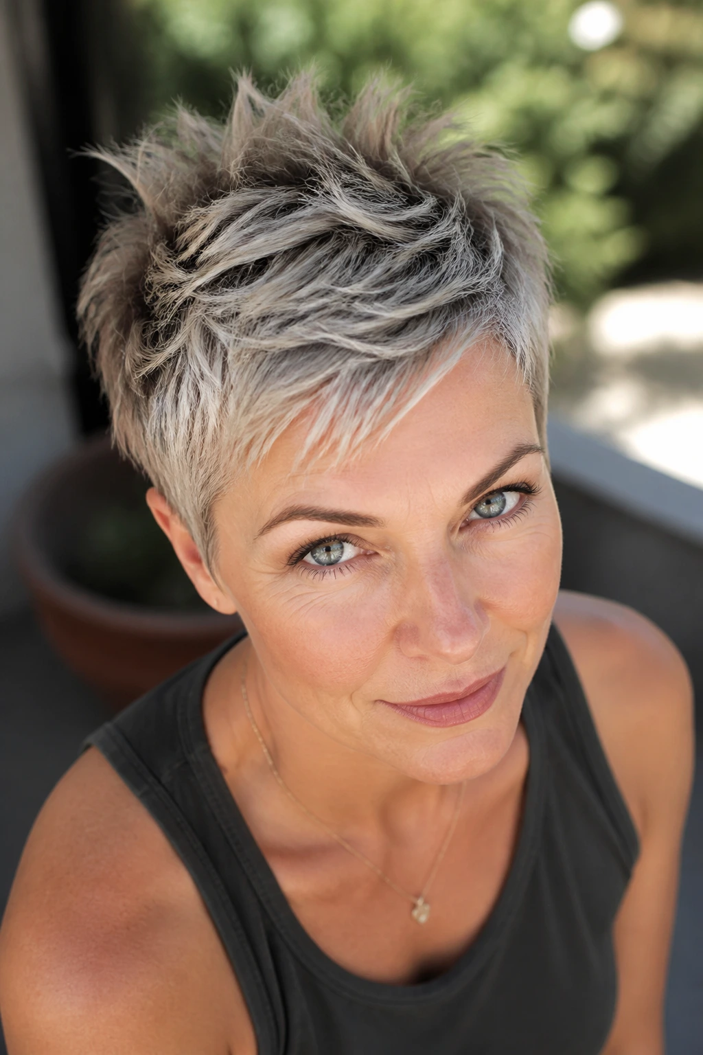 Portrait of a real woman with spiky lift pixie showing directional top spikes