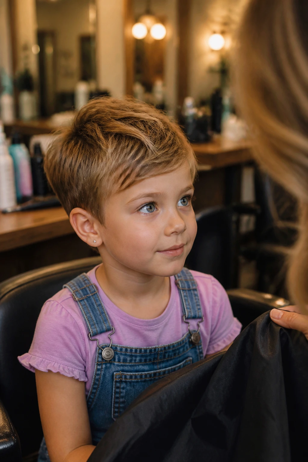 Child in salon chair with pixie cut ready for styling consultation