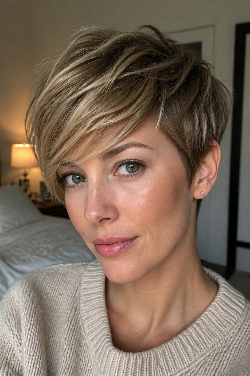 Close-up portrait of a woman with textured pixie and sweeping fringe, soft window light.