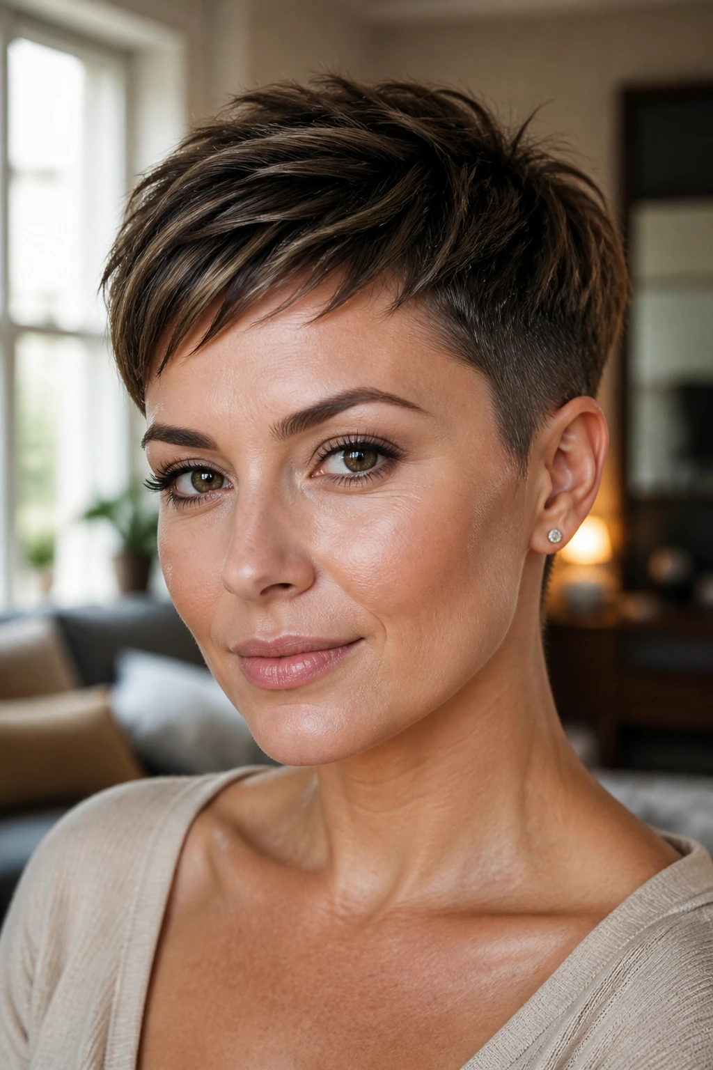 Close-up portrait of a real woman with a cropped pixie and tapered sides in warm window light