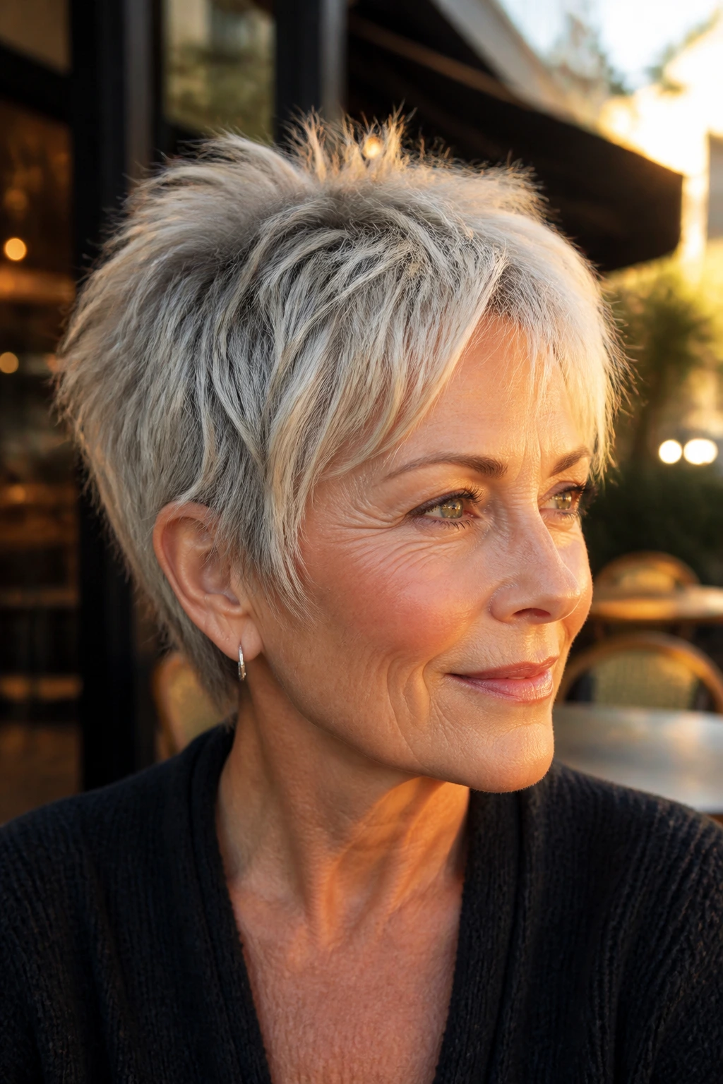 Close-up of a real woman with a choppy textured pixie, bold yet controlled texture.