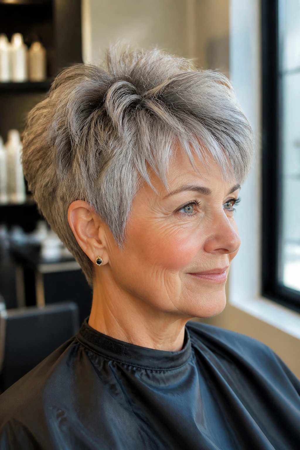 Close-up portrait of a woman with a textured pixie haircut in warm natural light
