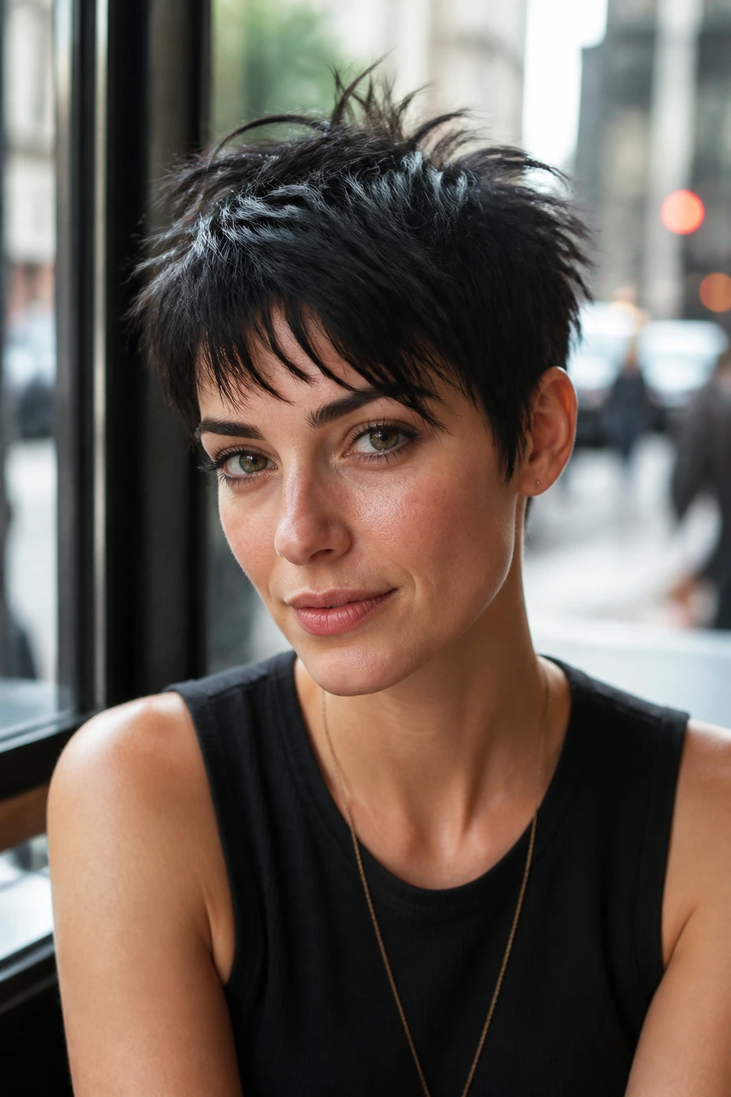 Real woman with choppy pixie cut in cafe light; textured crown emphasized
