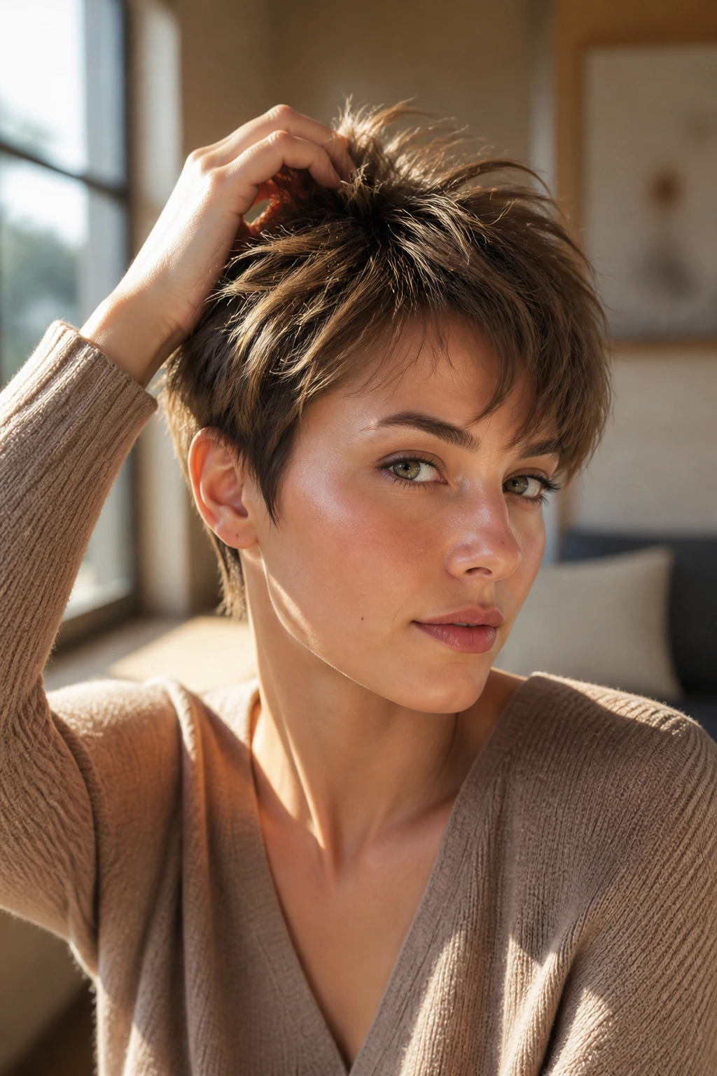 Choppy pixie with lifted crown on a real person in a cozy room