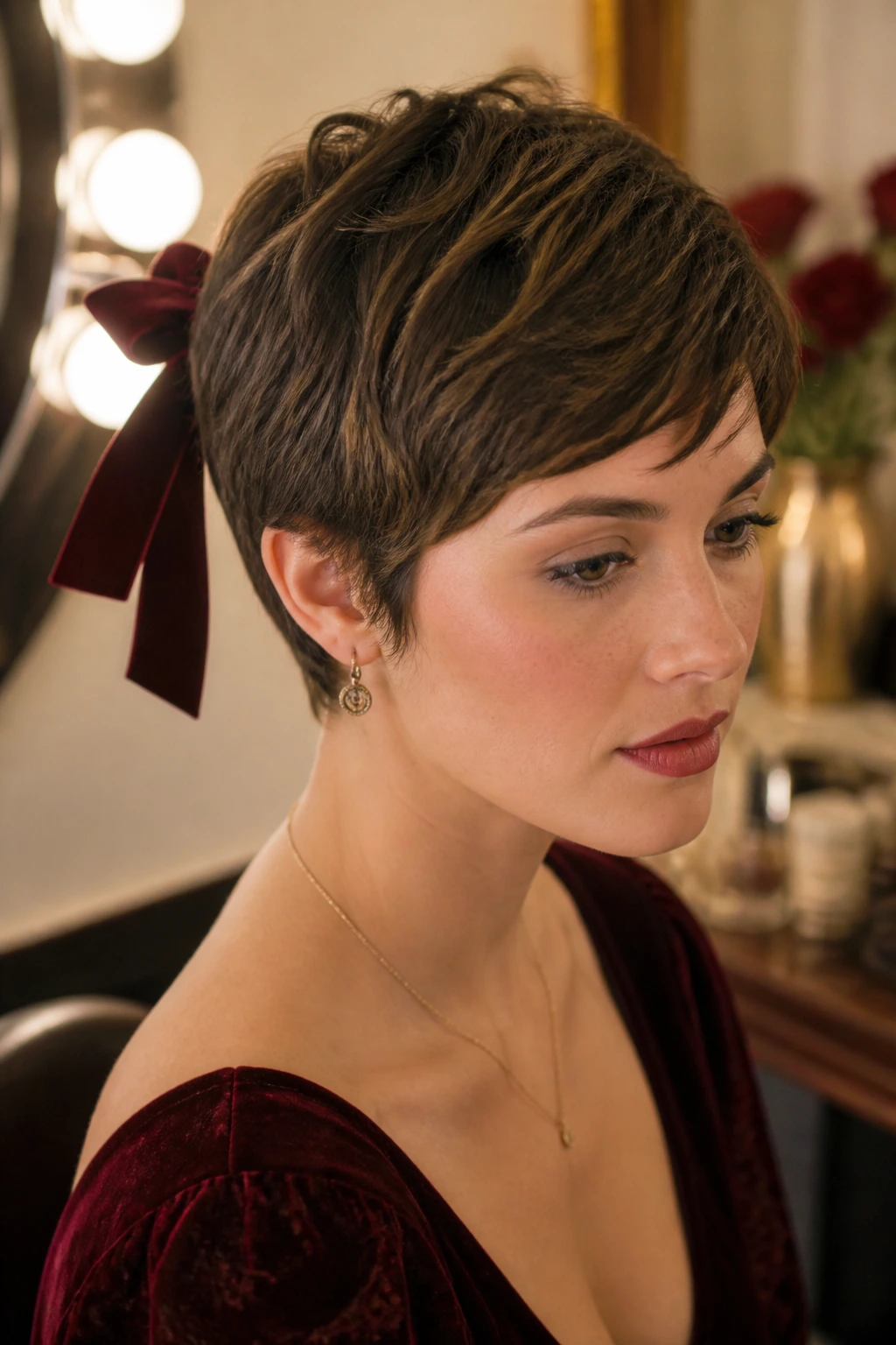 Portrait of a woman wearing a velvet-ribbon pixie hairstyle