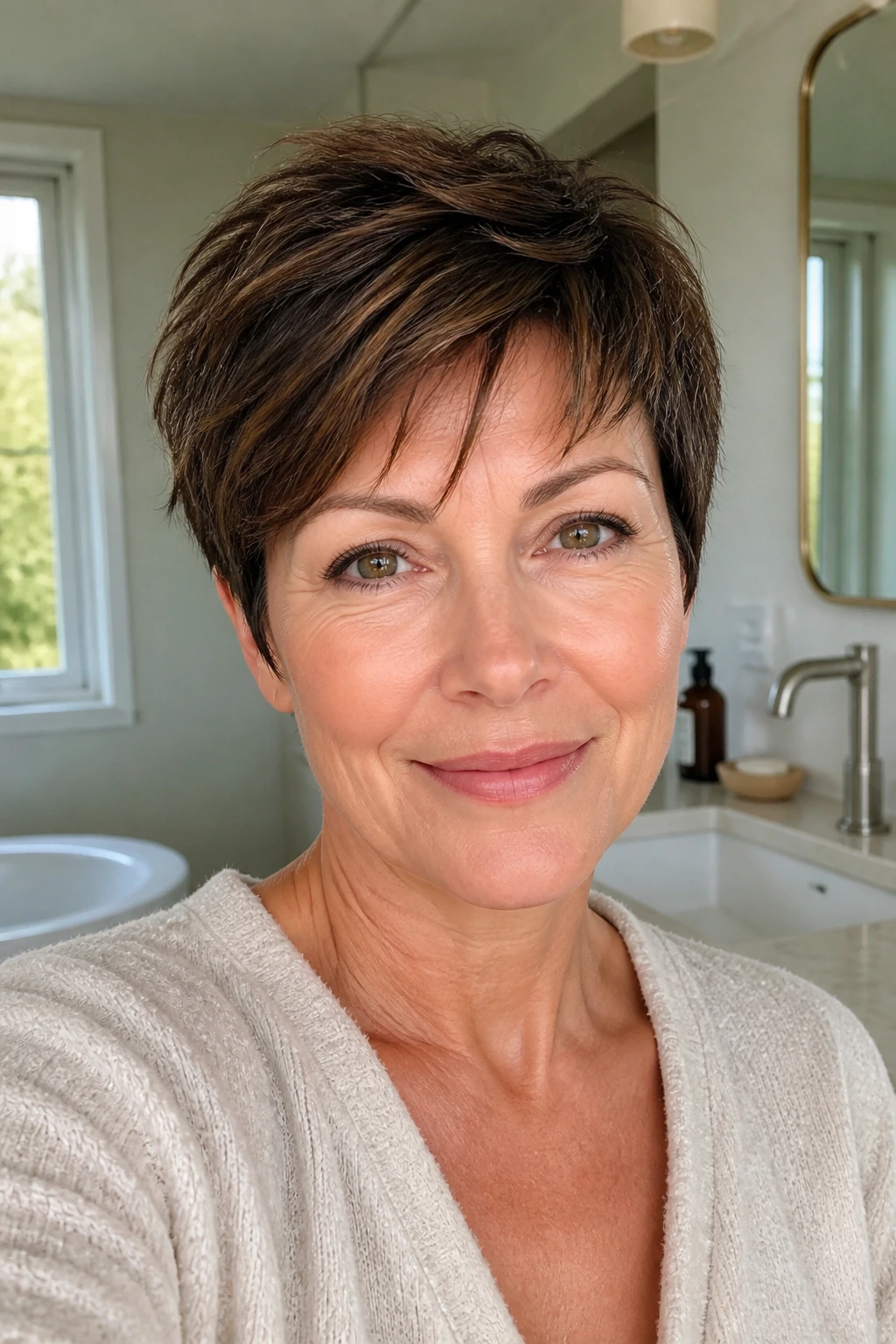 Real woman wearing low-maintenance wash-and-wear pixie with relaxed layered styling