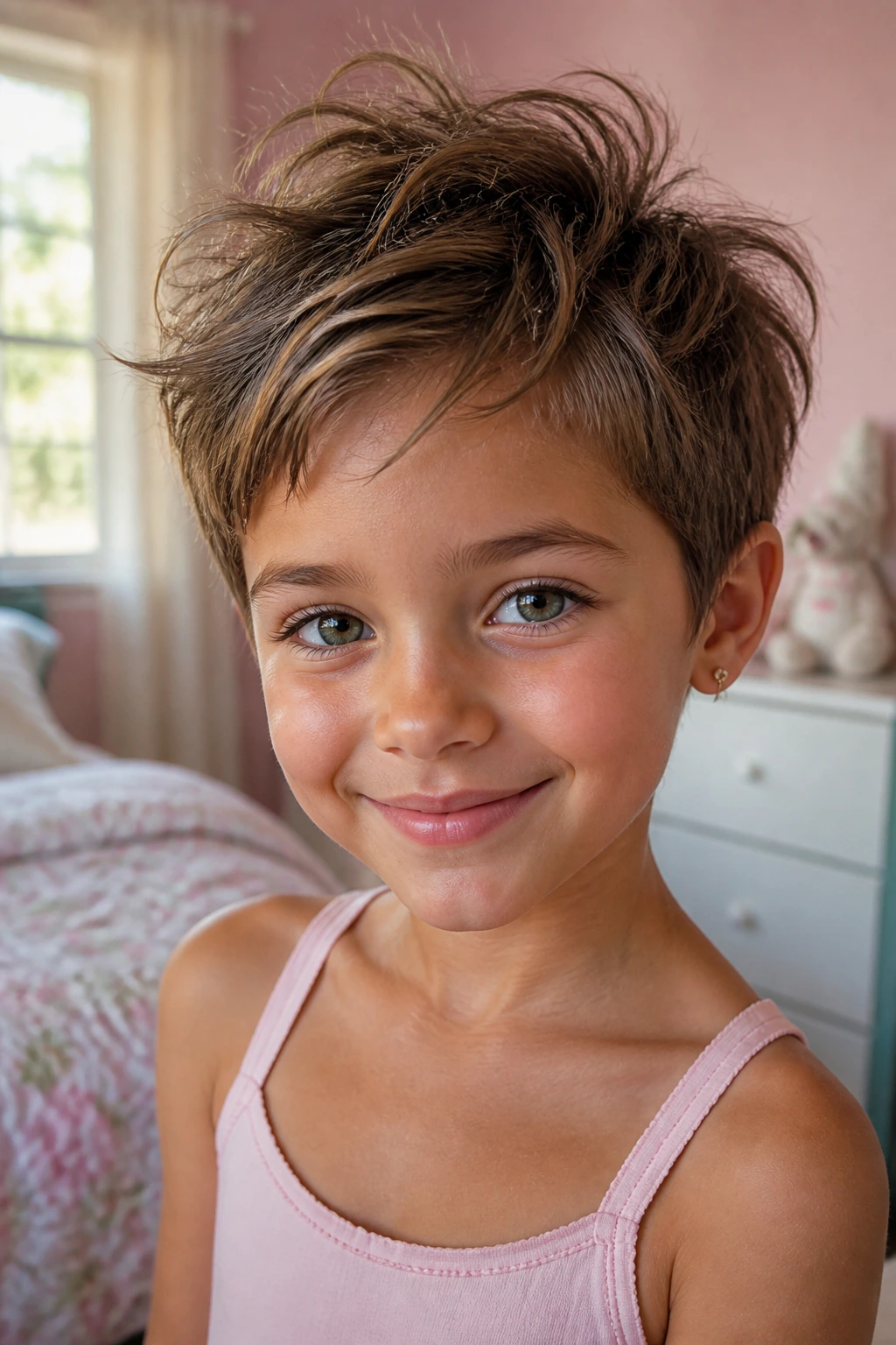 Close-up of a child with tousled bedhead pixie hairstyle in a sunlit bedroom