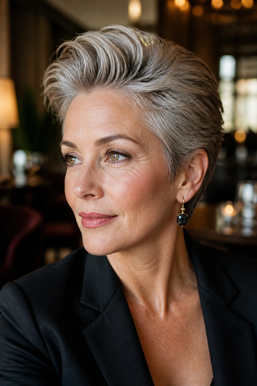 Close-up of a real woman with a swept-back glam pixie showing lifted roots and polished ends