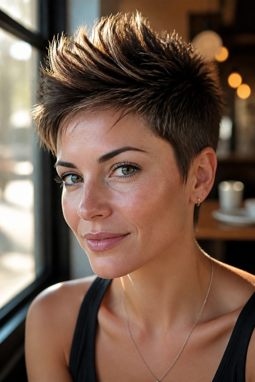 Portrait of a woman with a pixie hawk hairstyle showing crown lift