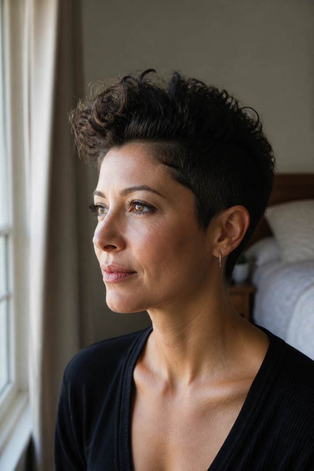 Close-up of a real woman with Pixie Hawk hairstyle, sides cropped and crown lifted, warm window light