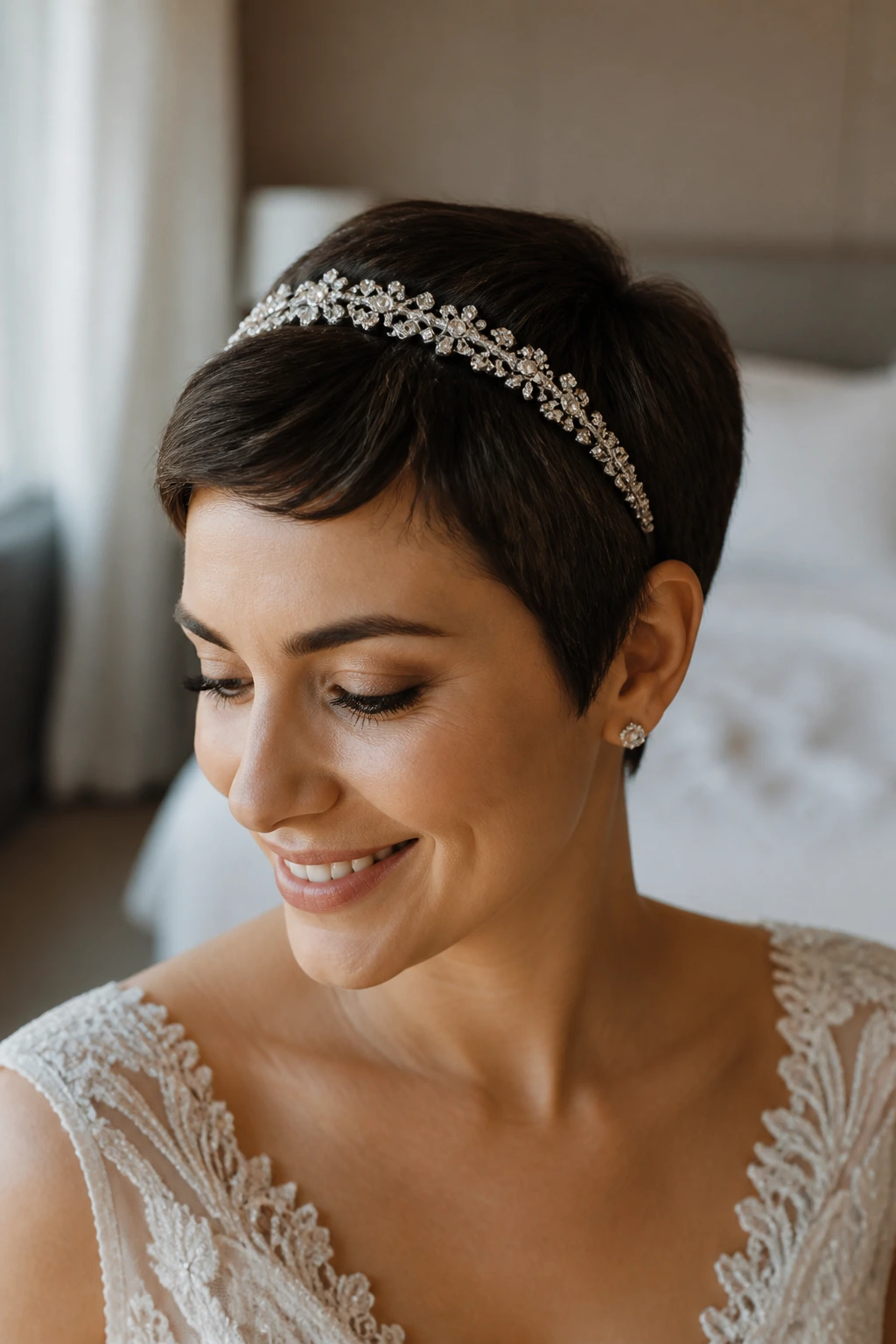 Close-up of a real bride with pixie cut and jeweled headband