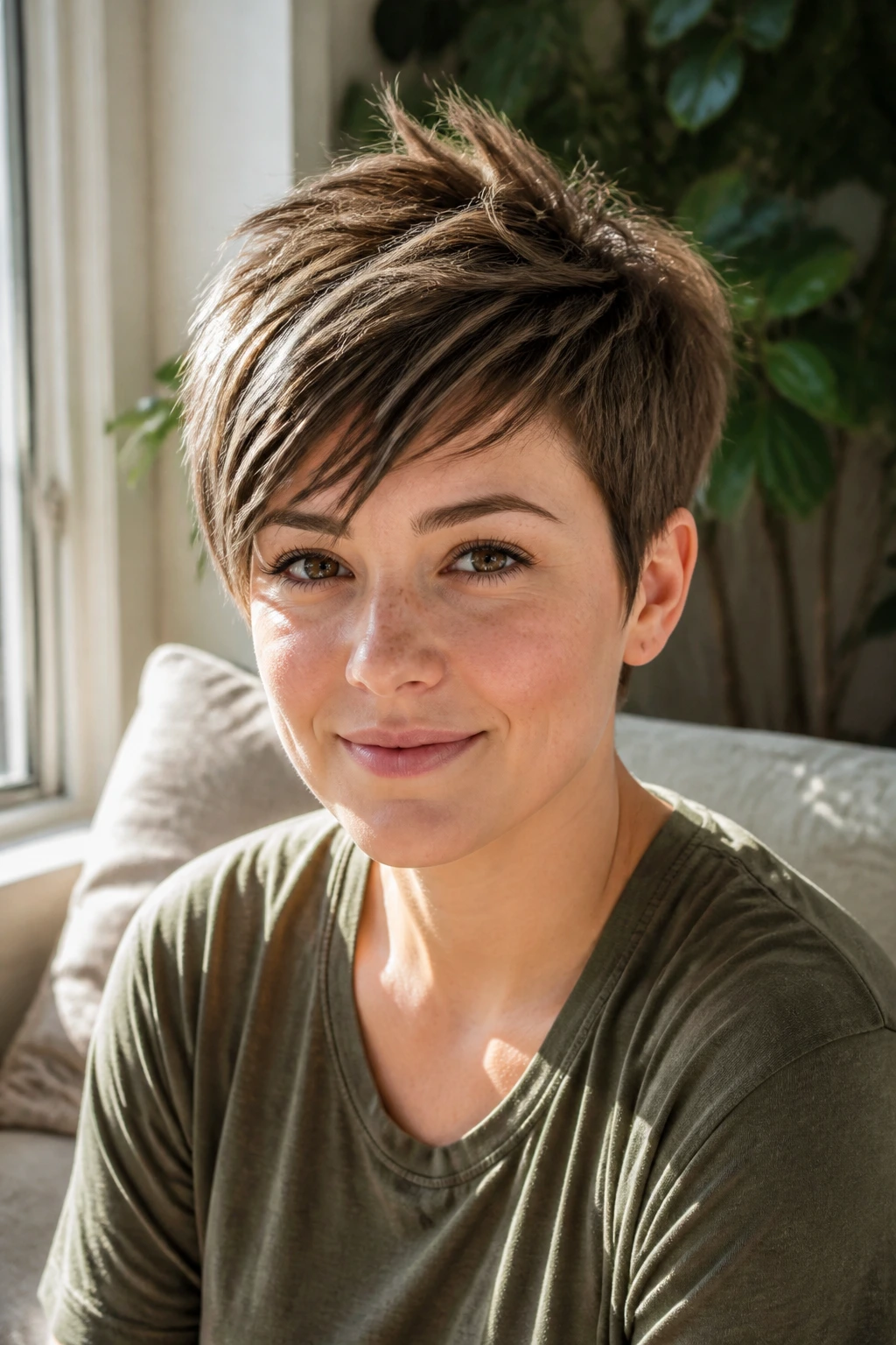 Close-up portrait of a real woman with a height-boost pixie for round faces in warm window light.