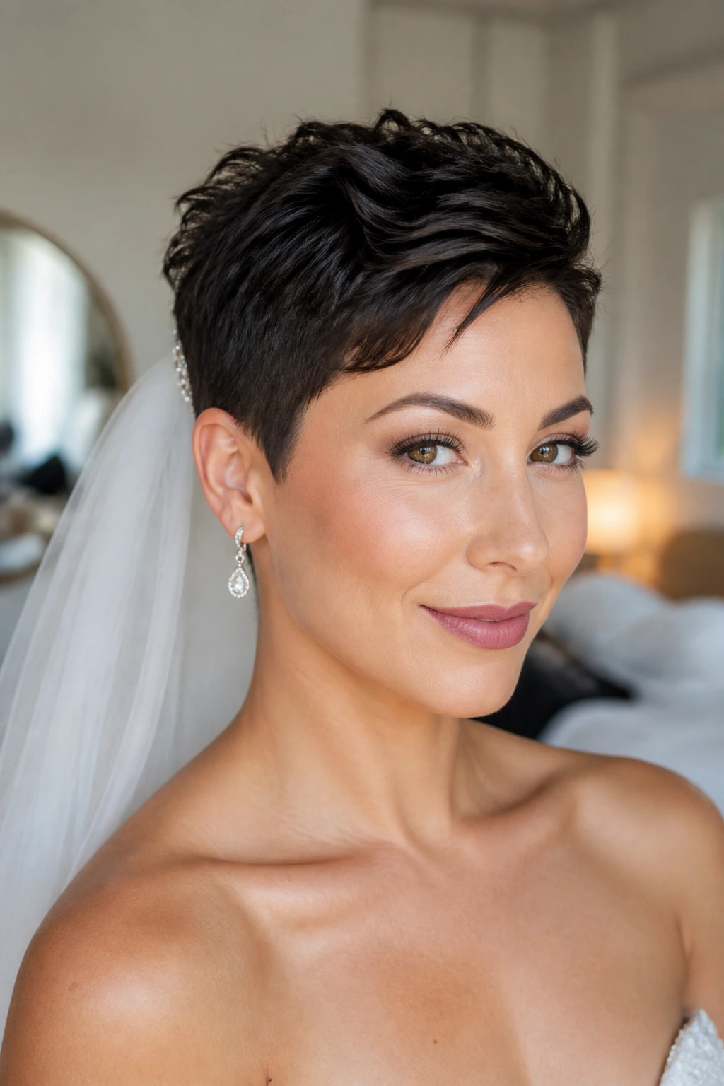 Close-up of a real bride featuring a structured pixie that holds through reception
