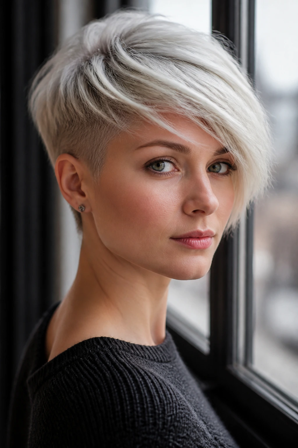 Real woman with icy side-swept pixie haircut