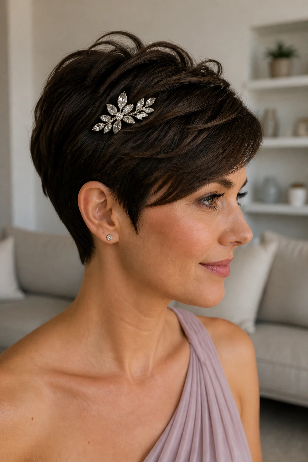 Close-up of a pixie cut with a jeweled clip at temple